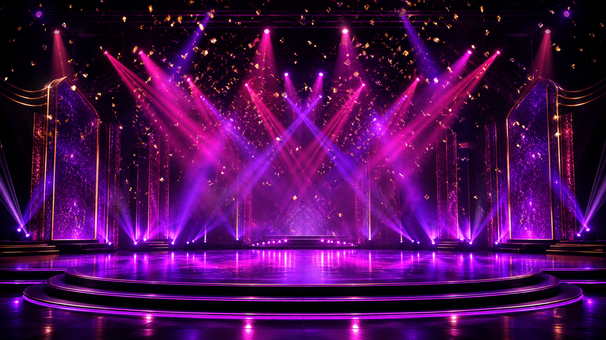 Escenario espectacular iluminado con luces púrpuras y confeti dorado, símbolo de éxito