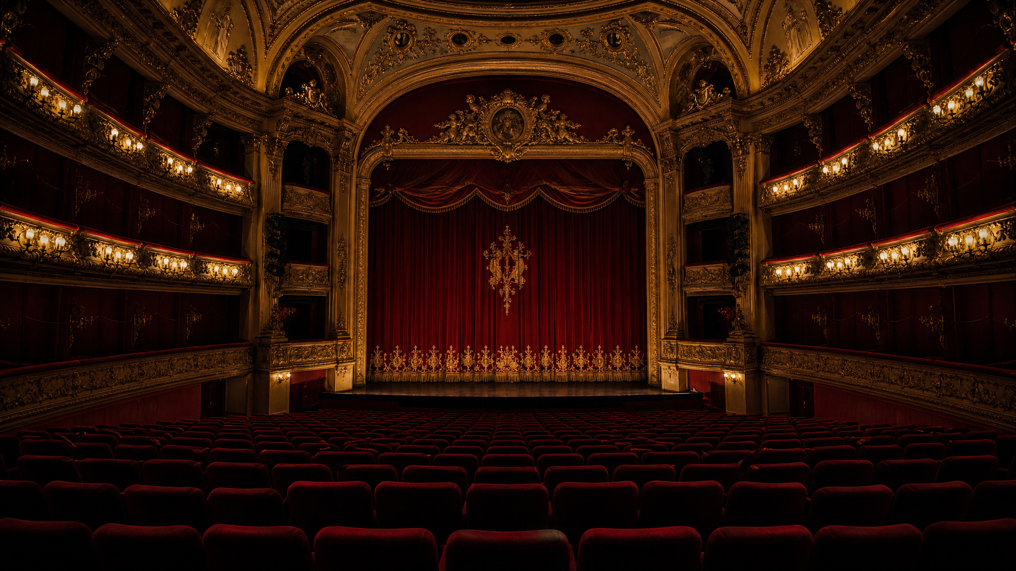 Teatro clásico con butacas rojas vacías, sin público